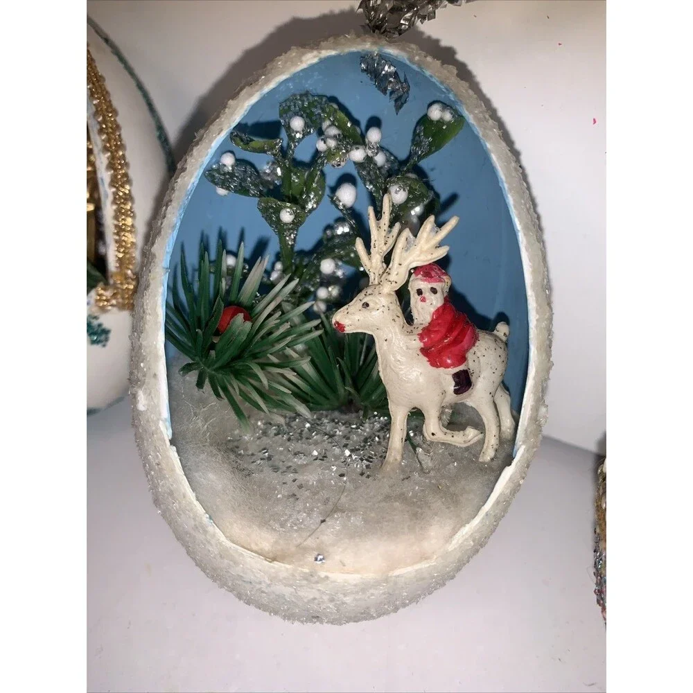 Vintage Egg Shape Diorama Christmas Ornaments Santa Angel Bottlebrush READ